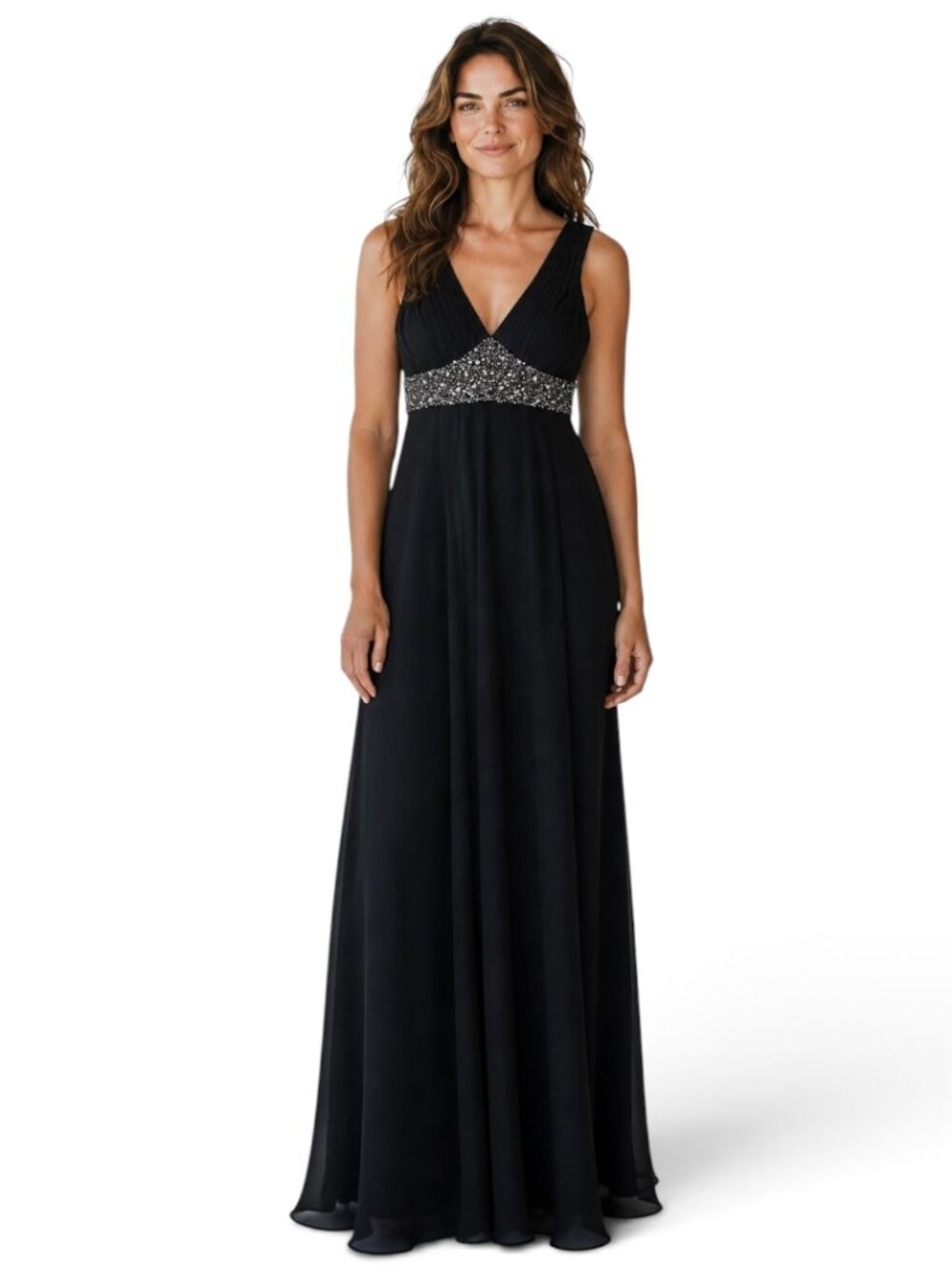 NWT JS Boutique Black Chiffon Beaded Empire Waist Gown 6